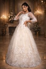 Cream-Offwhite Net Festive Gown with Floral Embroidery, Diamond & Sequin Work