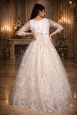 Cream-Offwhite Net Festive Gown with Floral Embroidery, Diamond & Sequin Work - Image 3