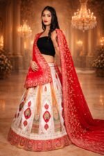 Bridal Panetar Red & White Lehenga with Zardozi Embroidery and Dual Dupattas - Image 2
