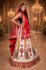 Bridal Panetar Red & White Lehenga with Zardozi Embroidery and Dual Dupattas
