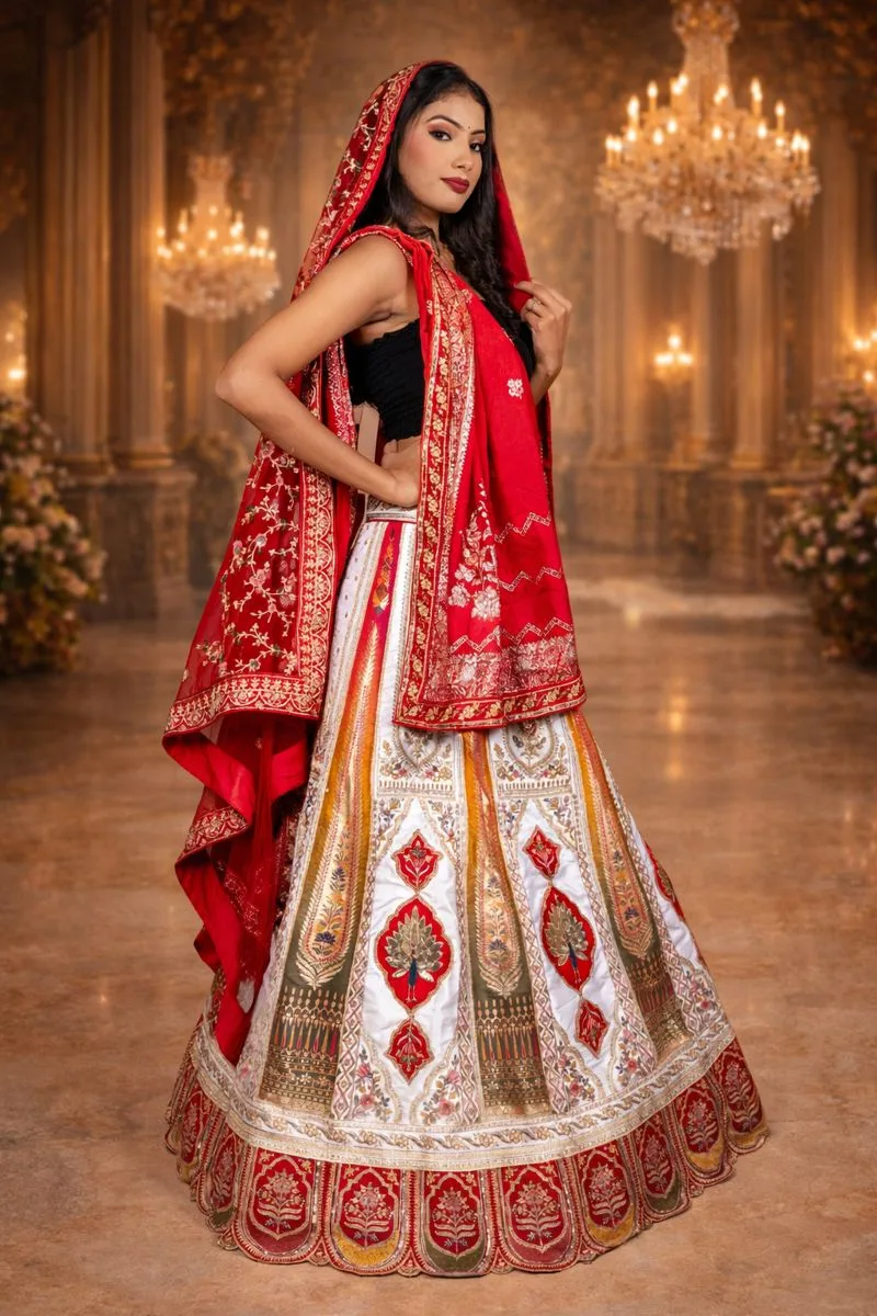 Bridal Panetar Red & White Lehenga with Zardozi Embroidery and Dual Dupattas - Image 1