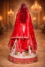 Bridal Panetar Red & White Lehenga with Zardozi Embroidery and Dual Dupattas - Image 3