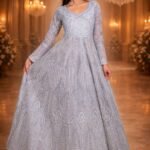 Grey Organza Shimmer Crop Top and Satin Skirt Set with Pearl, Diamond & Sequin Embroidery