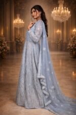 Grey Organza Shimmer Crop Top and Satin Skirt Set with Pearl, Diamond & Sequin Embroidery - Image 2