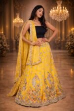 Yellow Golden Chanderi Silk Lehenga with Sequin Floral and Diamond Work Embroidery