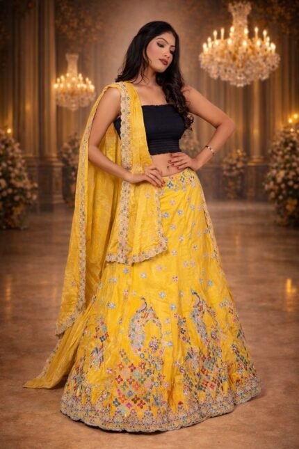 Yellow Golden Chanderi Silk Lehenga with Sequin Floral and Diamond Work Embroidery