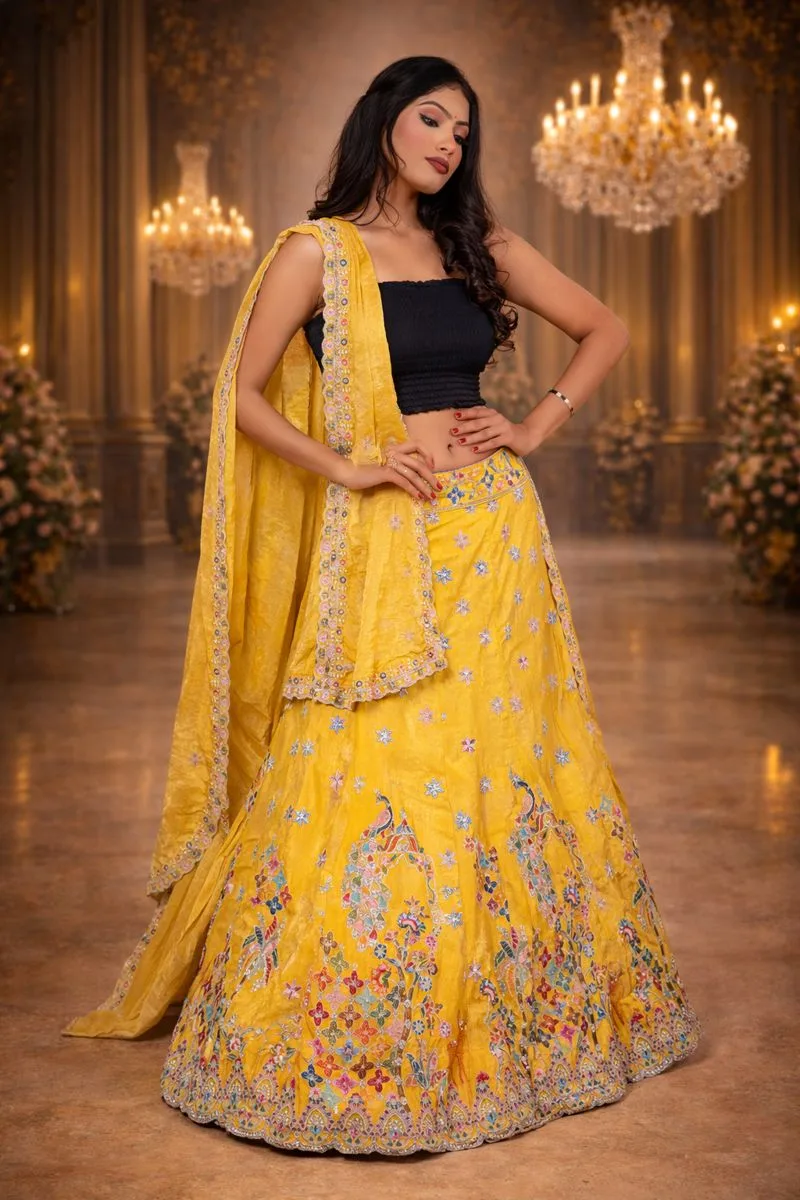 Yellow Golden Chanderi Silk Lehenga with Sequin Floral and Diamond Work Embroidery - Image 1