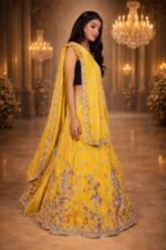 Yellow Golden Chanderi Silk Lehenga with Sequin Floral and Diamond Work Embroidery - Image 2