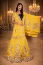 Yellow Golden Chanderi Silk Lehenga with Sequin Floral and Diamond Work Embroidery - Image 3