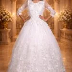 Greyish White Net Festive Gown with Floral Embroidery, Diamond & Sequin Work
