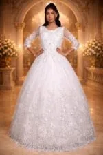 Greyish White Net Festive Gown with Floral Embroidery, Diamond & Sequin Work