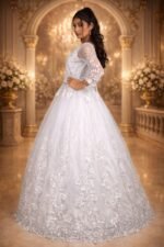 Greyish White Net Festive Gown with Floral Embroidery, Diamond & Sequin Work - Image 3