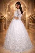 Greyish White Net Festive Gown with Floral Embroidery, Diamond & Sequin Work - Image 3