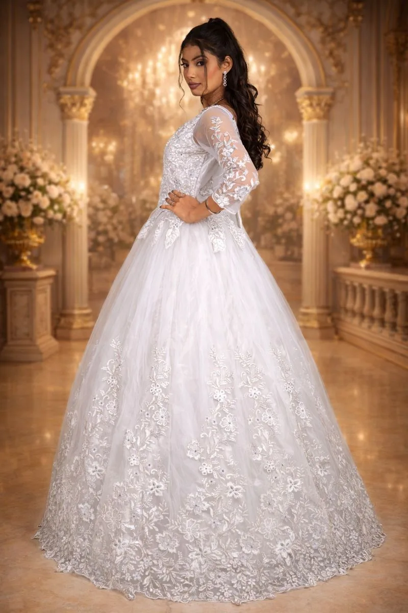Greyish White Net Festive Gown with Floral Embroidery, Diamond & Sequin Work - Image 3