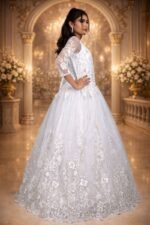 Greyish White Net Festive Gown with Floral Embroidery, Diamond & Sequin Work - Image 2