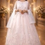 Cream Net Luxurious Gown with Floral Embroidery, Diamond & Sequin Work