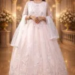 Cream Net Luxurious Gown with Floral Embroidery, Diamond & Sequin Work