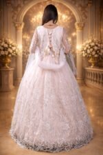 Cream Net Luxurious Gown with Floral Embroidery, Diamond & Sequin Work - Image 3