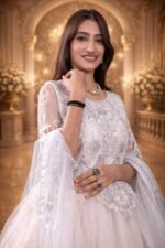 Cream Net Luxurious Gown with Floral Embroidery, Diamond & Sequin Work - Image 2