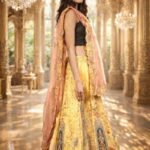 Lemon Yellow Zardozi Embroidered Lehenga with Pink Dupatta