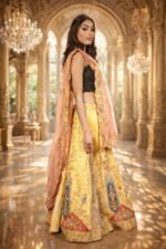 Lemon Yellow Zardozi Embroidered Lehenga with Pink Dupatta