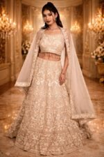 Golden Light Brown Net Crop Top with Stone, Sequin & Thread Embroidery, Blouse and Dupatta - Image 2