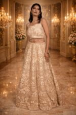 Golden Light Brown Net Crop Top with Stone, Sequin & Thread Embroidery, Blouse and Dupatta - Image 3