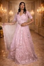 Dusty Pink Net Crop Top with Silver Sequin, Mirror & Pink Thread Embroidery - Image 2
