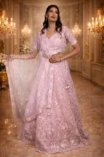 Dusty Pink Net Crop Top with Silver Sequin, Mirror & Pink Thread Embroidery - Image 2