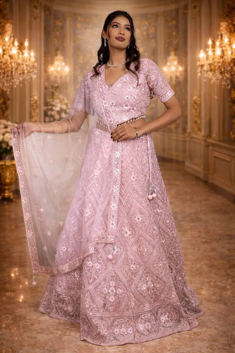 Dusty Pink Net Crop Top with Silver Sequin, Mirror & Pink Thread Embroidery - Image 2