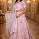 Dusty Pink Net Crop Top with Silver Sequin, Mirror & Pink Thread Embroidery
