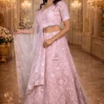 Dusty Pink Net Crop Top with Silver Sequin, Mirror & Pink Thread Embroidery