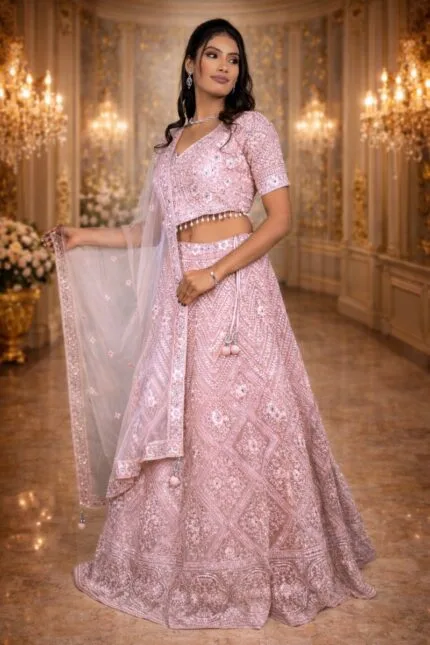 Dusty Pink Net Crop Top with Silver Sequin, Mirror & Pink Thread Embroidery