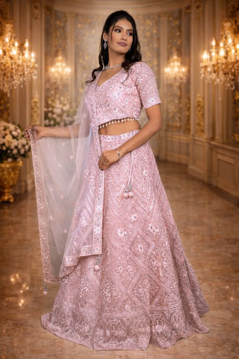 Women Product 9A (2) Dusty Pink Net Crop Top with Silver Sequin, Mirror & Pink Thread Embroidery - Image 1