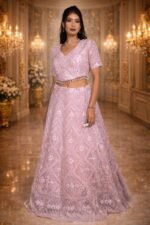 Dusty Pink Net Crop Top with Silver Sequin, Mirror & Pink Thread Embroidery - Image 3