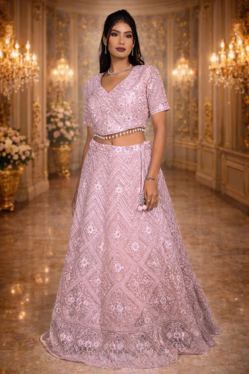 Dusty Pink Net Crop Top with Silver Sequin, Mirror & Pink Thread Embroidery - Image 3