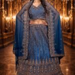 Rama Blue Crop Top with Diamond Work, Net Blouse and Embroidered Dupatta