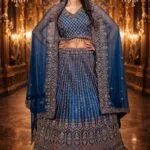 Rama Blue Crop Top with Diamond Work, Net Blouse and Embroidered Dupatta