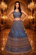 Rama Blue Crop Top with Diamond Work, Net Blouse and Embroidered Dupatta - Image 2