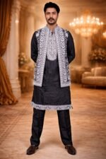Black Twill Chikankari Embroidered Kurta-Pajama Set with Floral Embroidered Jacket - Image 2