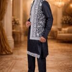 Black Twill Chikankari Embroidered Kurta-Pajama Set with Floral Embroidered Jacket