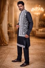 Black Twill Chikankari Embroidered Kurta-Pajama Set with Floral Embroidered Jacket
