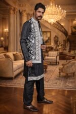 Black Twill Chikankari Embroidered Kurta-Pajama Set with Floral Embroidered Jacket - Image 3